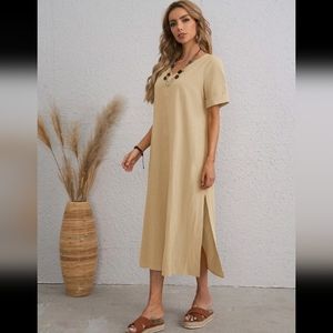 Emery Rose Long T-Shirt Dress, Beige, M